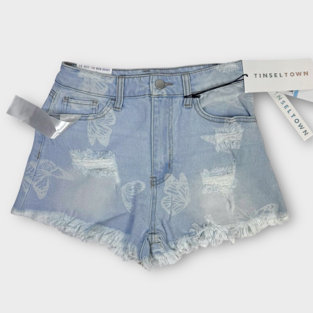 NWT - Butterfly Print Hi-Rise Distressed Denim Mom Shorts